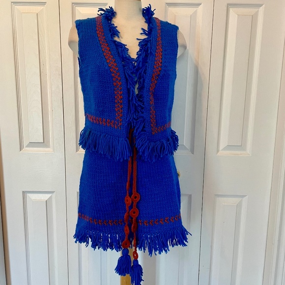 Vintage Handmade Blue and Red Fringe Knit Vest and Skirt Set - Picture 1 of 9